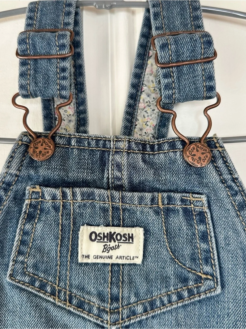 OshKosh B'gosh 12M Blue Denim Short Overalls with Floral Trim